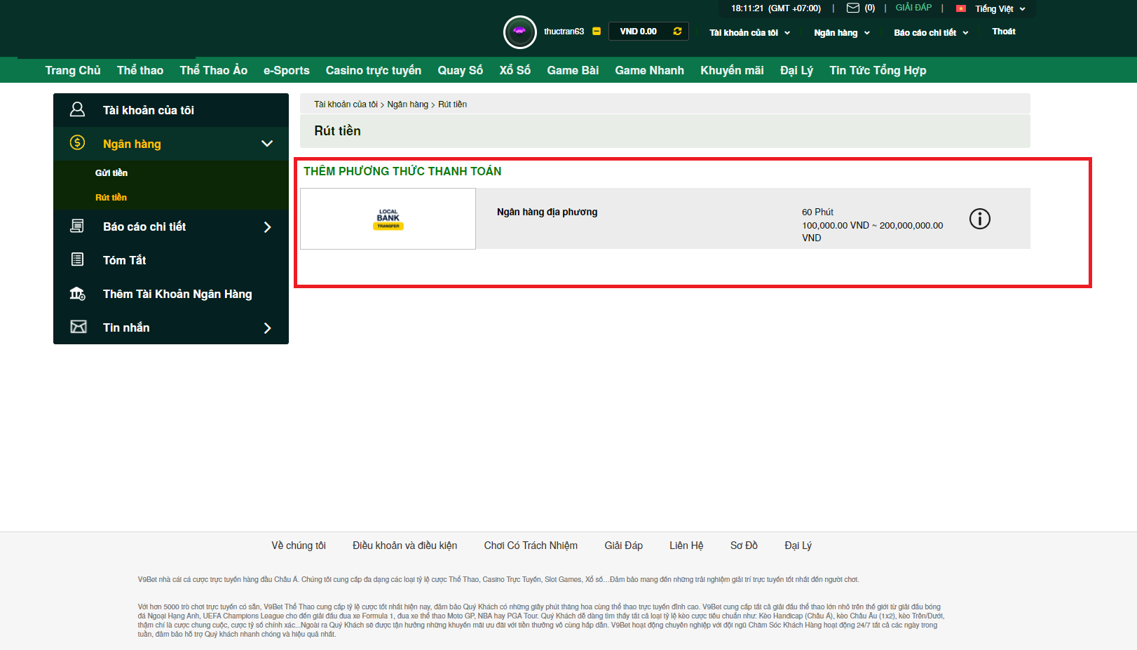 Rút tiền về tài khoản của bạn từ tài khoản V9